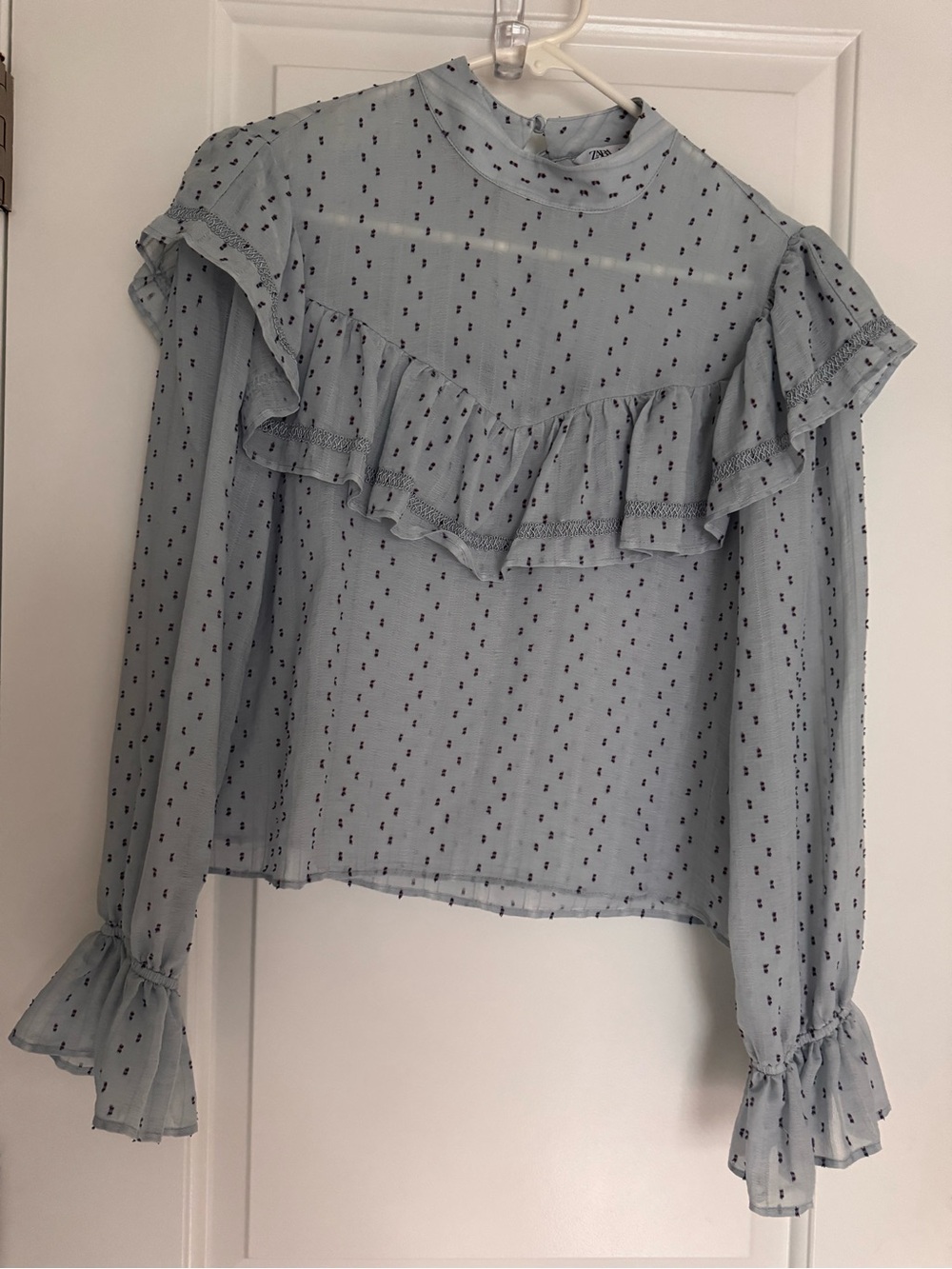 Zara Light Blue Ruffle Yoke Blouse with Tiny Navy Dot Print